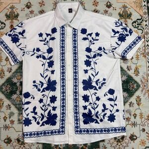 MANFINITY Mens White Blue Floral Short Sleeve Button Up Shirt Size L